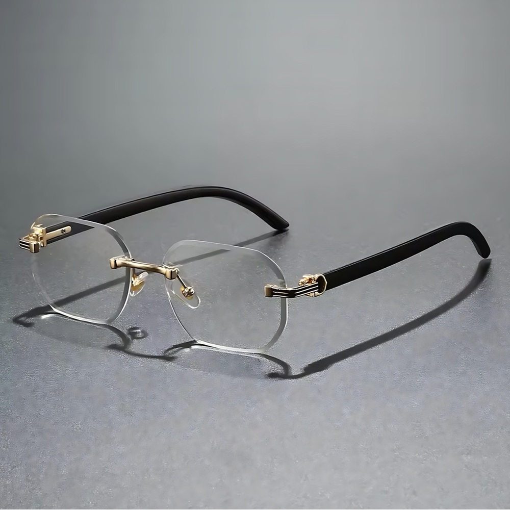 Rimless Square Sunglasses Gold Metal Frame Black Temples Lightweight Unisex